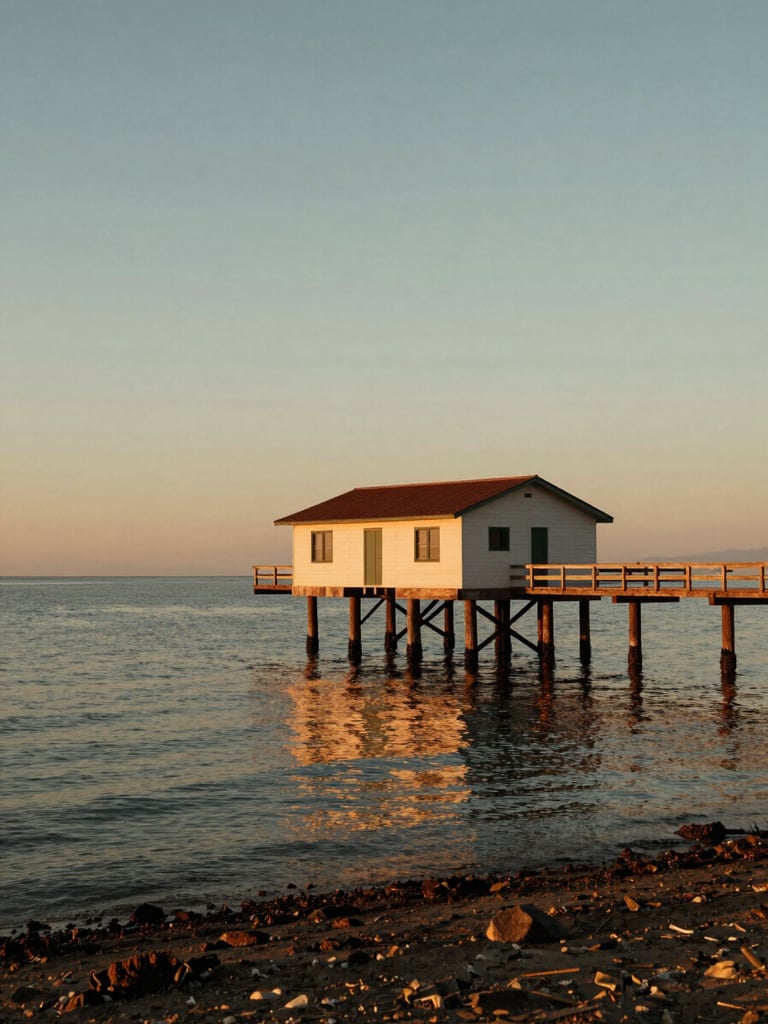 A historic wooden pier and bathhouse extending into the calm Mar Menor lagoon at sunset, soft warm light, long shadows, cinematic film style.