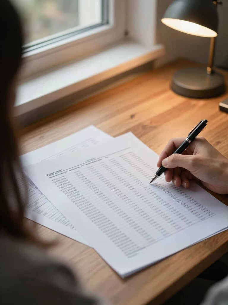 Close over-the-shoulder view of a person reviewing financial statements spread across a wooden desk, north-facing window light falling across the papers, a pen resting in hand, warm office lamp glow at the edge of frame