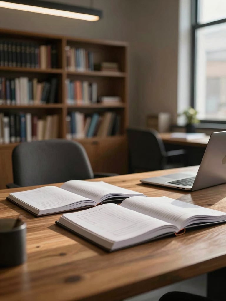 Wide editorial view of a quiet office interior in north-facing daylight — a wooden desk to the right third of the frame, open ledgers and a laptop visible under warm overhead light, an empty chair pulled back slightly, bookshelves soft in the background