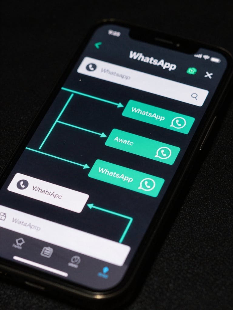 Macro shot of a smartphone screen displaying a clean, lightning-fast WhatsApp customer service interaction flow, high-contrast dark UI, electric cyan accent lines highlighting data paths, studio lighting.