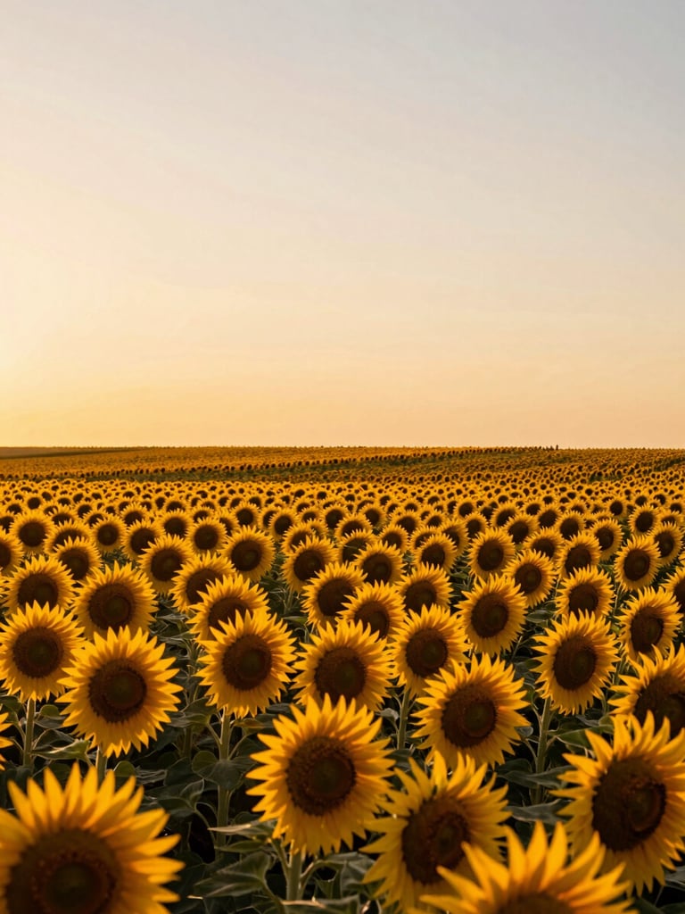 Wide panoramic golden-hour sunflower field, dense rows of sunflowers stretching to the right horizon, warm amber light raking across petals, expansive sky above, low horizon line, no people