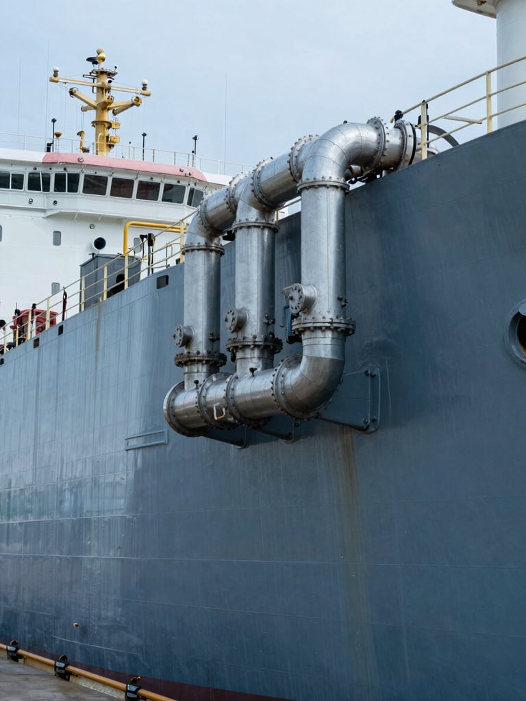 Close-up panoramic of a large tanker vessel's hull and pipeline manifold at an industrial port, steel infrastructure, cool blue-grey industrial light, no people, extreme horizontal framing
