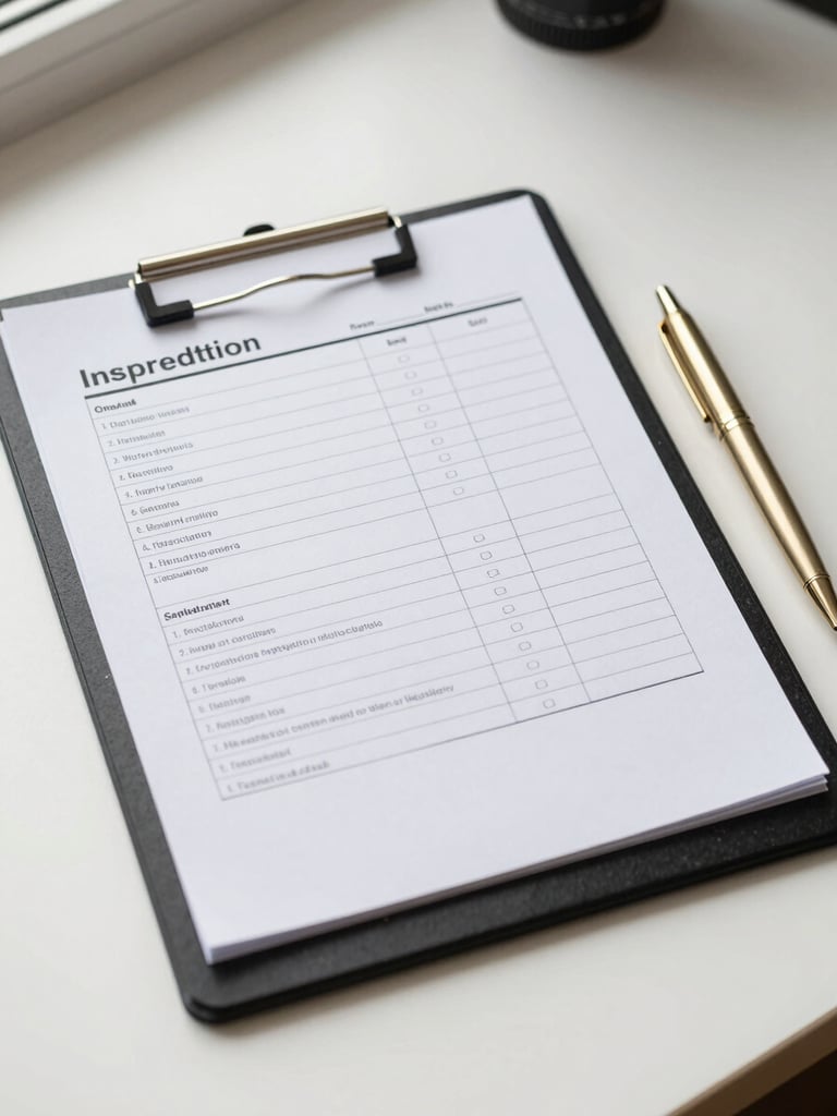Close-up overhead view of a property inspection checklist on a matte black clipboard placed on a clean white desk surface, a brushed gold pen resting beside it, natural side-light from a window casting a soft directional shadow, no people, organized and precise composition