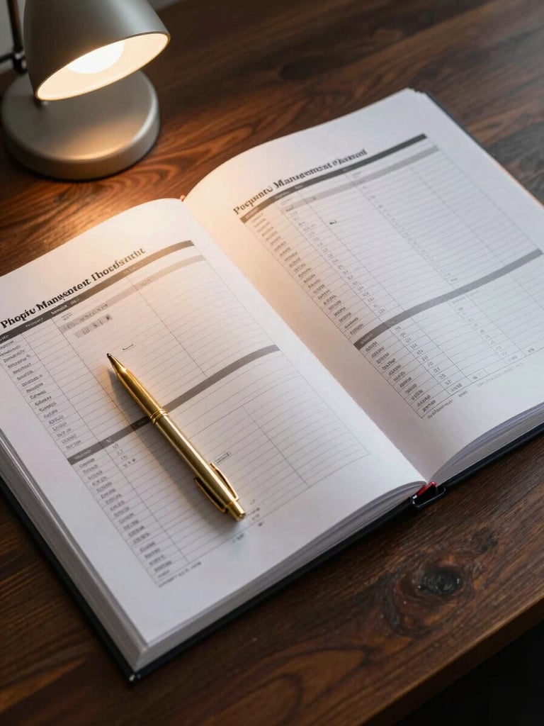 Overhead close-up of an open property management report binder on a dark wooden desk, printed financial tables and inspection checklists visible on white pages, a gold pen resting diagonally across the pages, single warm desk lamp illuminating from upper left, no hands or faces