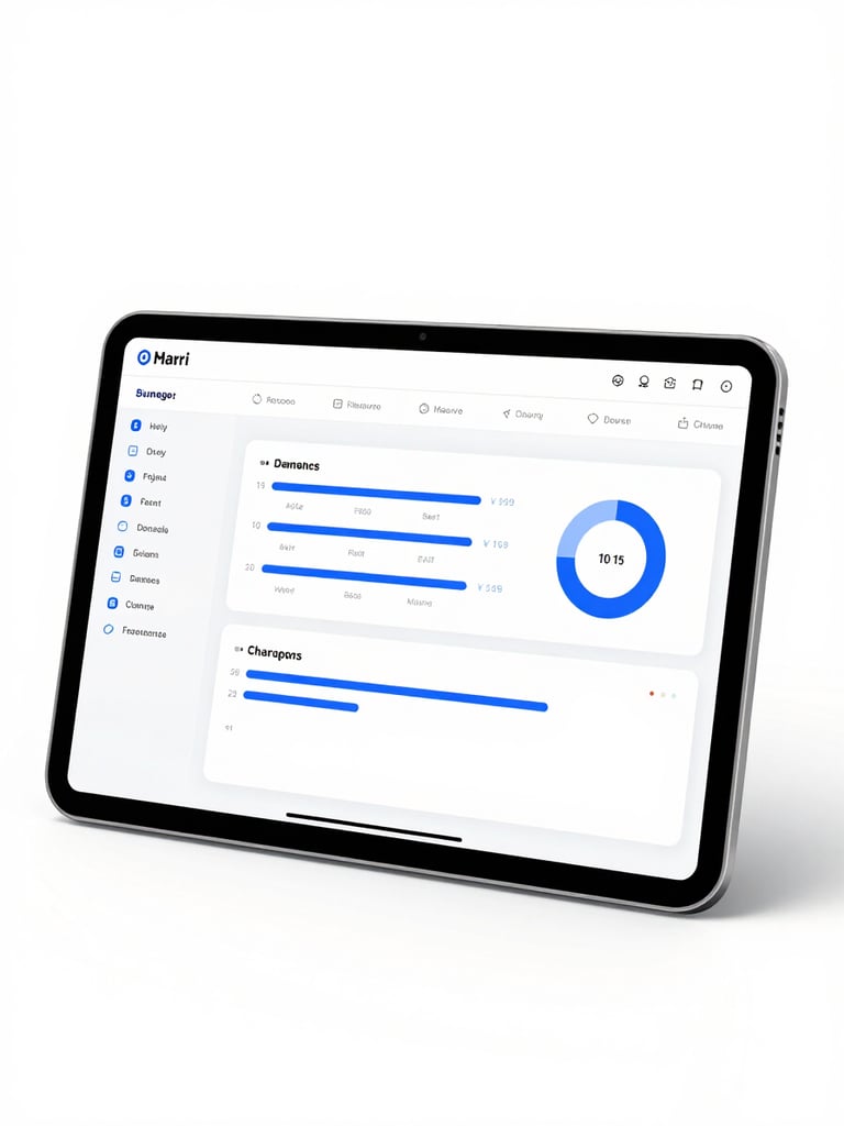 Clean digital product dashboard mockup on a tablet screen, bright high-key studio lighting, electric blue accent lines, minimalist white background