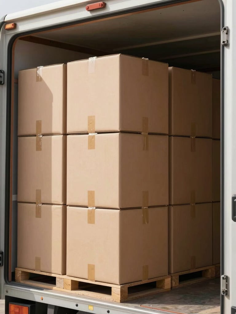 Medium shot of heavy-duty double-walled moving boxes stacked neatly inside a clean transport truck, bright natural UAE daylight illuminating the secure alignment.