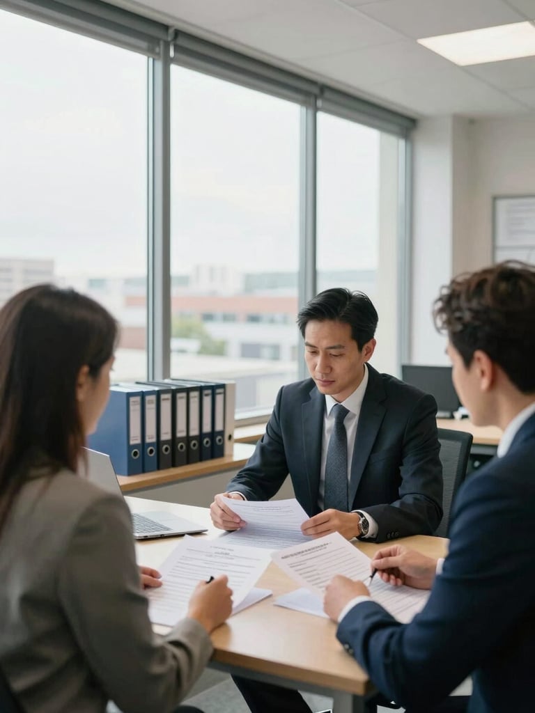 Wide environmental shot of a real estate office interior, an advisor and client seated across a table reviewing property documents in natural daylight from tall windows, papers spread on the desk, organized binders visible in background