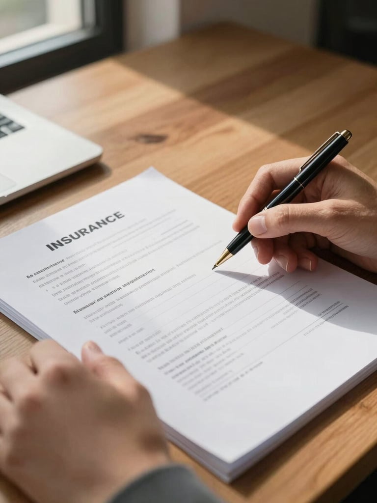 Close-up of hands on an open insurance policy document on a wooden desk, a pen resting beside it, natural daylight from a side window casting soft shadows across the printed pages, organized and deliberate atmosphere
