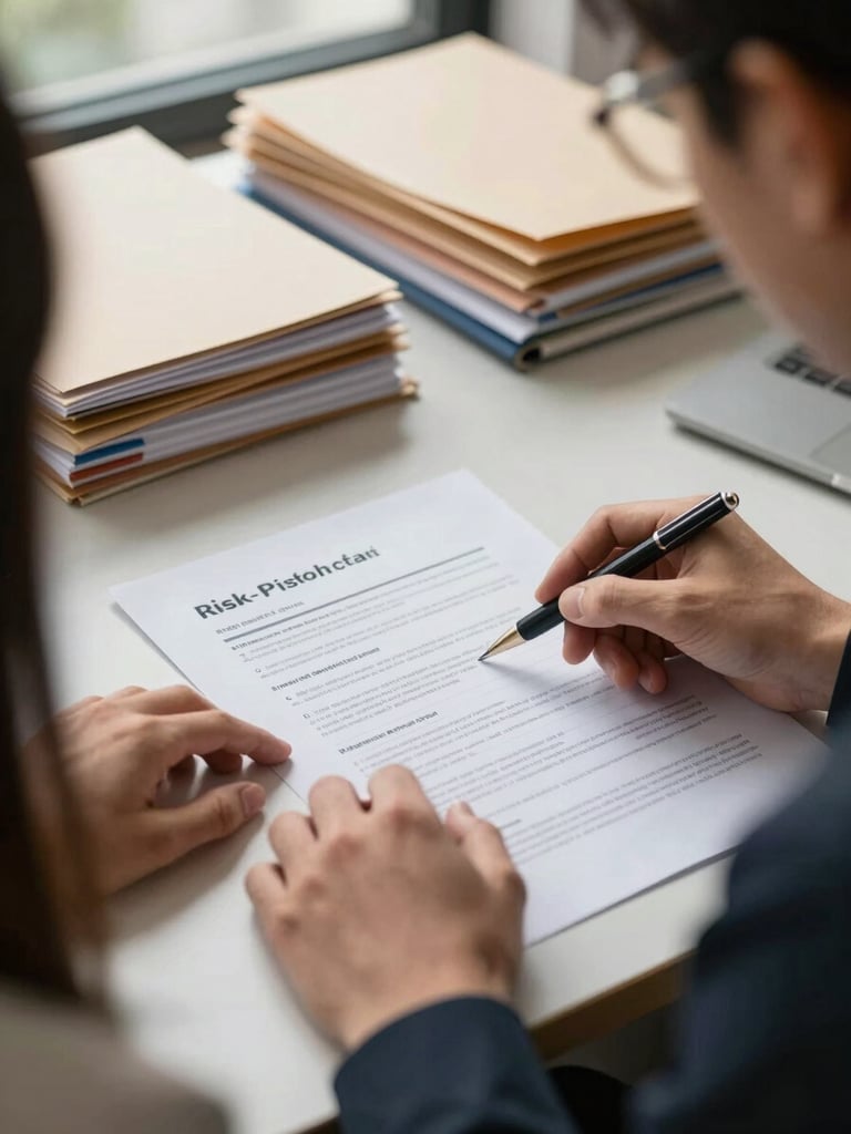 Close-up over-the-shoulder frame of an advisor's hands pointing to sections of a printed risk analysis document on a desk, client's hands visible on the opposite side of the document, warm natural daylight from a nearby window, organized stacks of folders slightly out of focus in the background