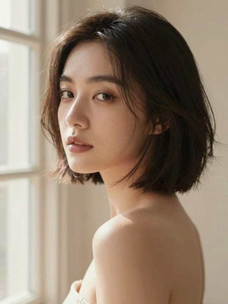 Editorial portrait of a woman with a sharp bob cut showing natural movement, soft window light, warm champagne tones, shallow depth of field, high-fashion styling.