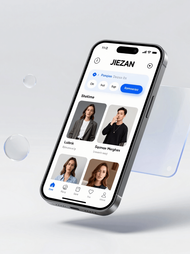 Custom-rendered device mockup in brushed titanium and dark glass, floating UI panels with crisp glassmorphism, soft studio lighting, realistic shadows, architectural background.