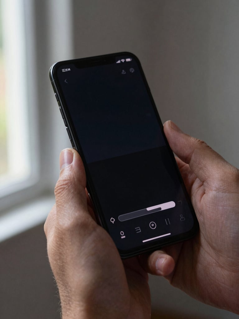 Hand holding an Android phone at a natural angle, screen showing a dark media player interface with a progress bar visible, diffused daylight from a window left of frame, tight crop on fingers and screen