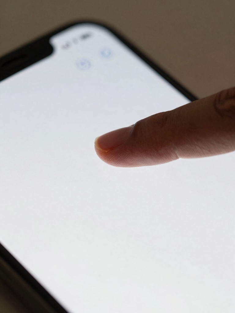 Extreme close-up of an Android phone screen mid-gesture, finger mid-swipe on a clean card interface, neutral studio light, shallow depth of field isolating the glass surface