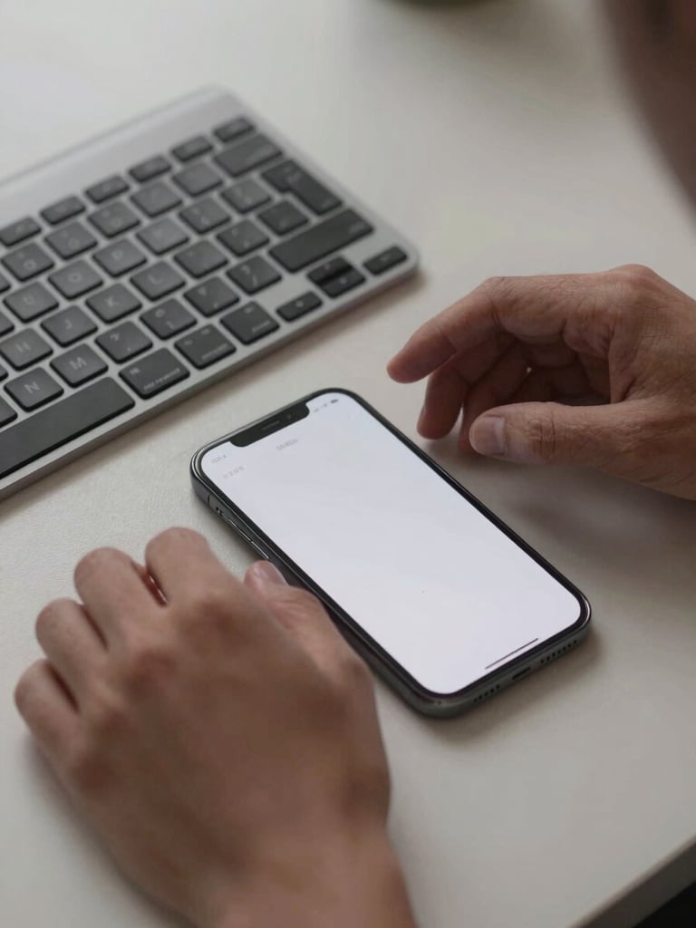 Developer hands resting near a keyboard with a phone propped beside it showing a sparse interface in progress, neutral studio light, desk surface with no clutter, phone as the focal subject