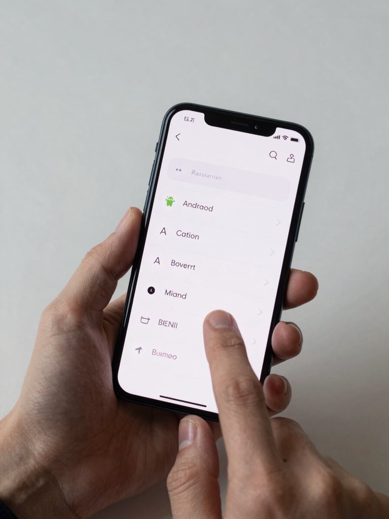 Tight overhead shot of a hand holding an Android phone, finger mid-swipe on a clean minimal interface, neutral studio lighting, sharp focus on the gesture and screen detail, soft shadow on a pale surface