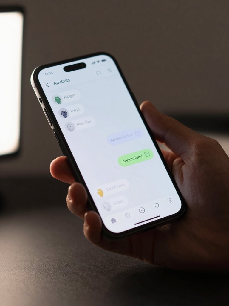 Close-up of a hand holding an Android phone at a natural resting angle, a fluid list-to-detail transition mid-animation visible on screen, neutral studio light from the left, crisp screen glow, dark desk surface visible in the lower third