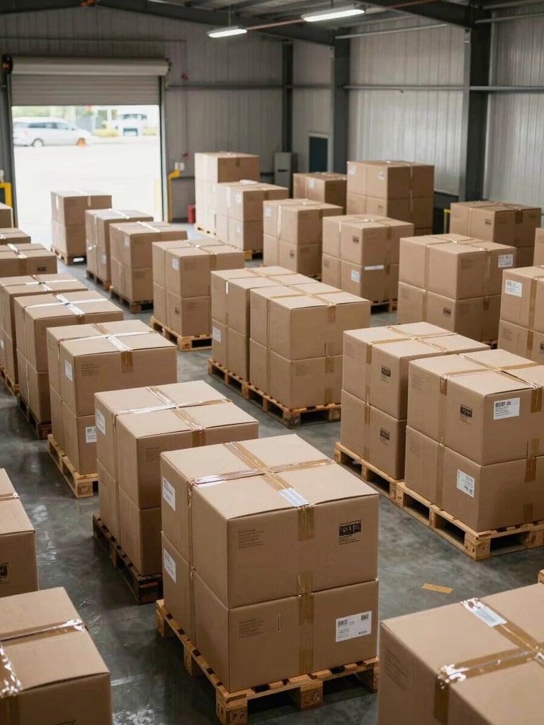 Wide environmental shot inside an organized distribution warehouse, rows of packed and labeled cardboard boxes stacked on pallets ready for dispatch, loading dock bay visible in the background with natural daylight streaming in, industrial overhead lighting, no people visible
