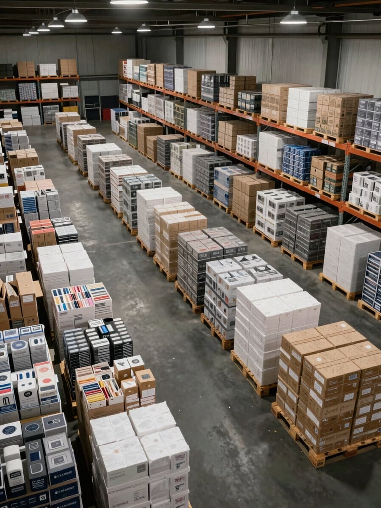 Wide-angle view inside a metropolitan distribution warehouse, overhead shot showing uniform pallets of boxed paper reams and stationery supplies arranged in precise rows on the loading floor, industrial ceiling lights casting even flat illumination, no human figures, strong sense of organized scale