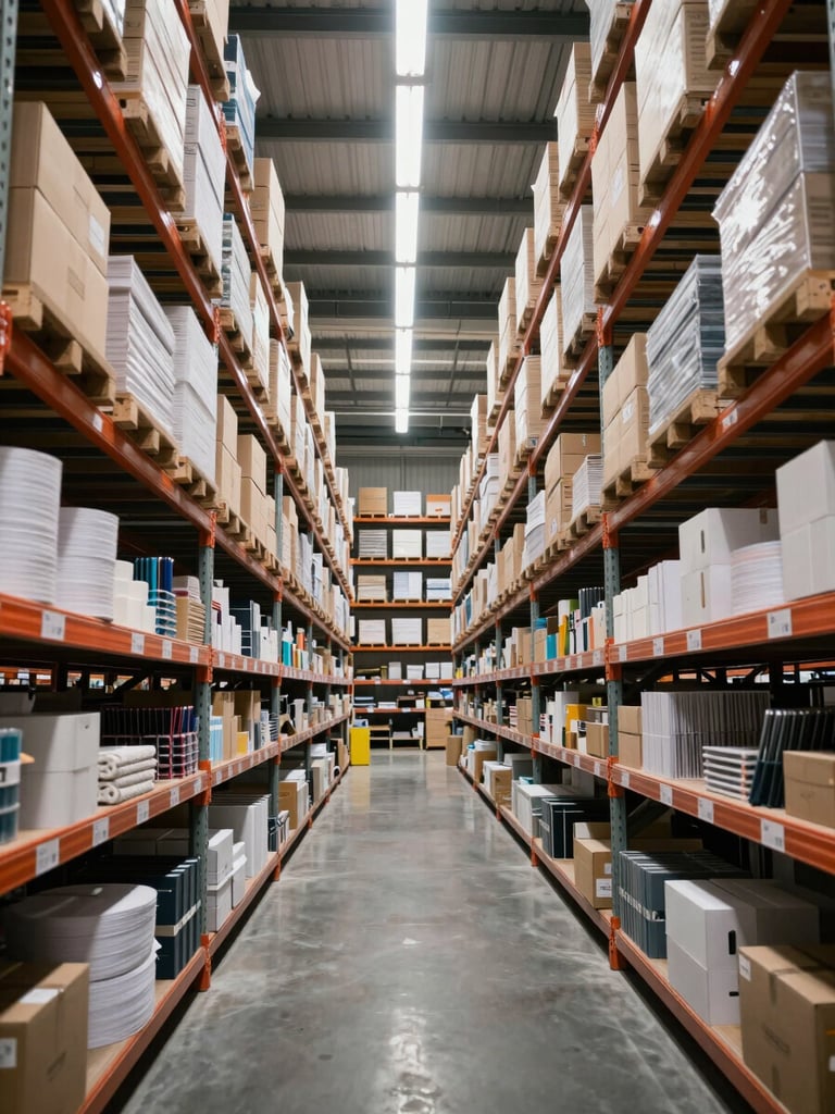 Wide environmental shot of a warehouse interior, organized metal shelving units stocked with boxes of paper reams and stationery supplies receding into the distance, even skylight illumination from above, industrial-practical lighting, photographed from a low angle along the aisle to emphasize depth and scale