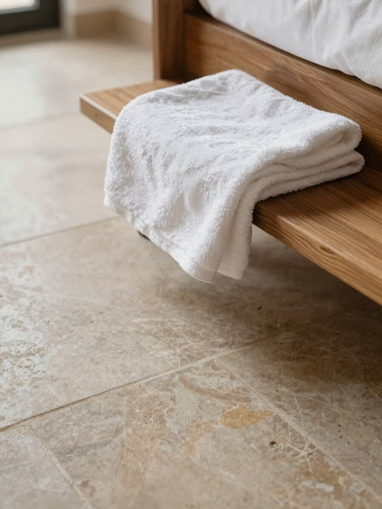 Close-up of polished stone floor and a neatly folded white linen towel on a wooden surface inside a Mallorcan property, soft north-facing daylight, calm and ordered composition suggesting readiness