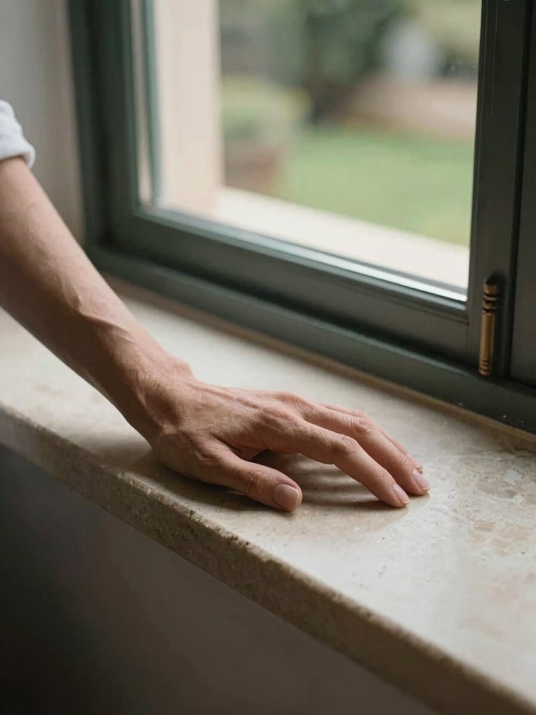 Close-up of a hand resting on a polished limestone windowsill inside a Mallorcan interior, soft north-facing daylight, texture of aged stone visible, a distant garden blurred through the window behind