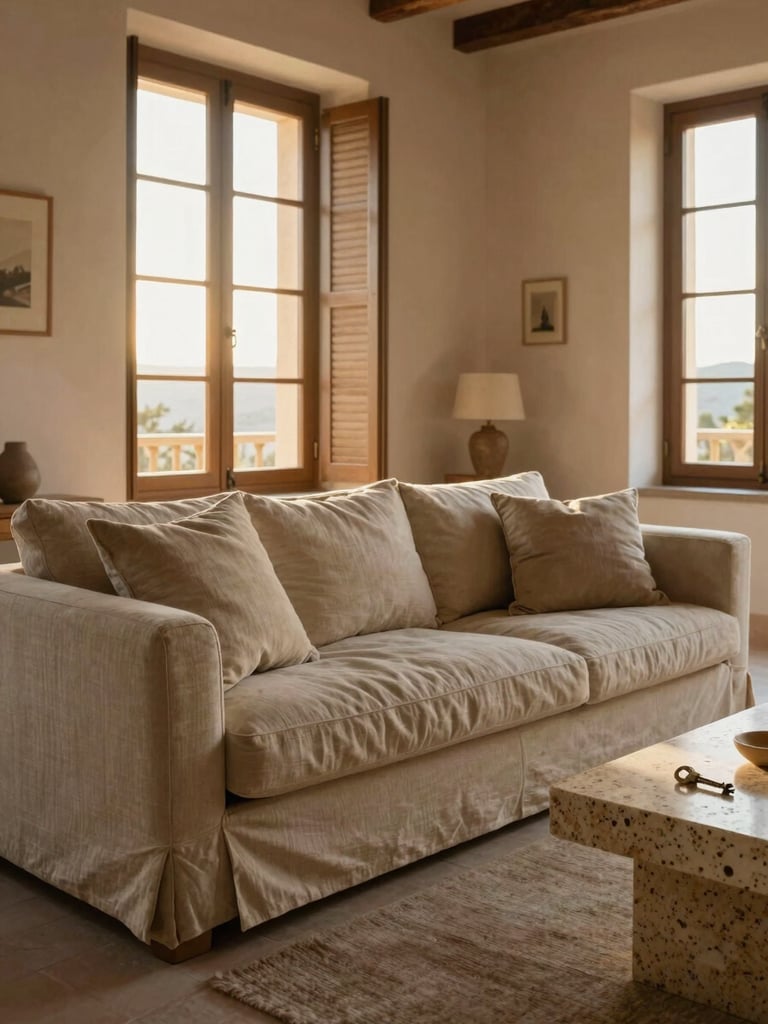Empty, carefully prepared living room of a Mallorcan villa, natural linen cushions on a stone-coloured sofa, a single key resting on a travertine side table, soft golden-hour light through tall shuttered windows