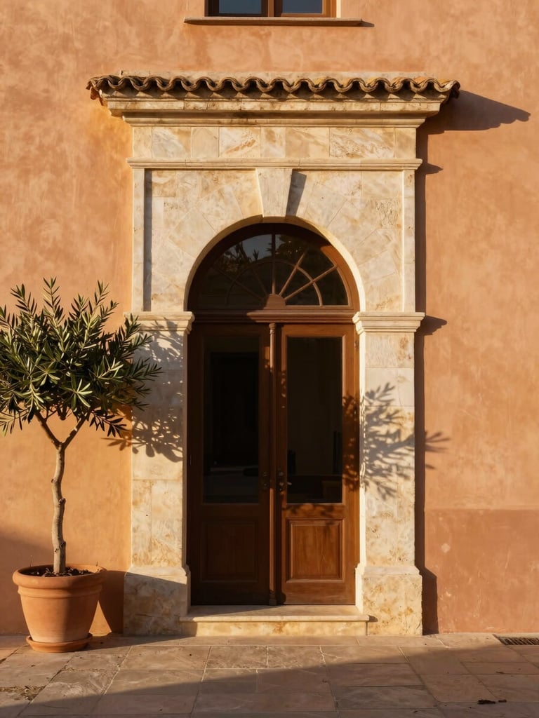 Tall portrait framing of a Mallorcan villa entrance in late afternoon golden light — an arched stone doorway slightly off-centre, warm ochre walls, a single potted olive tree to the left, shadow geometry falling across pale stone, no people