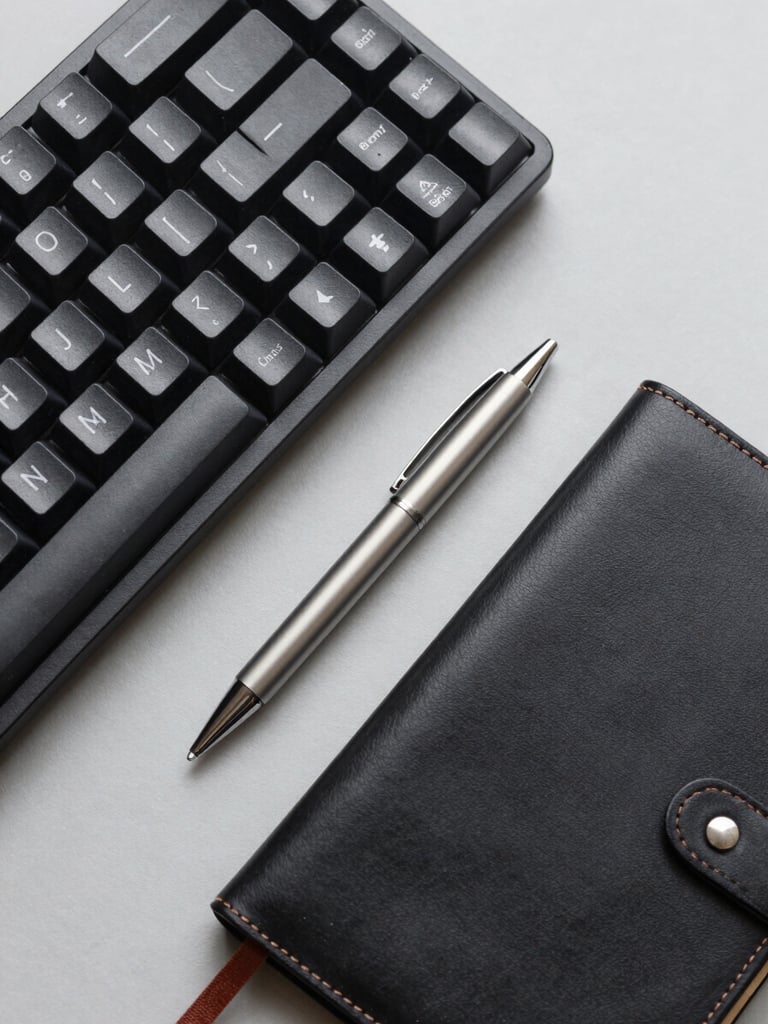 A top-down studio flat-lay of a minimalist mechanical keyboard, an aluminum pen, and a sleek leather notebook on a light gray background.