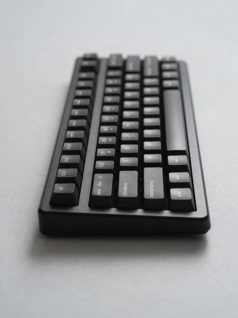 Straight-on studio shot of a minimalist matte black aluminum mechanical keyboard on a light gray background, soft diffused lighting, subtle drop shadow