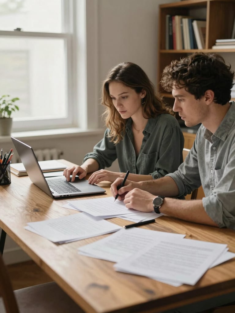 Wide environmental shot inside a small home office workspace, a woman and man working side by side at a wooden desk covered in notes and a laptop, soft north-facing window light falling across their hands and papers, bookshelves visible in background, warm and unposed