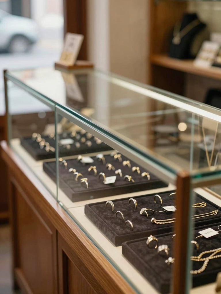 Close-up view along a jewelry store glass showcase, warm wood frame, rings and necklaces resting on dark velvet trays, natural north-facing daylight from the left, no people, honest documentary interior