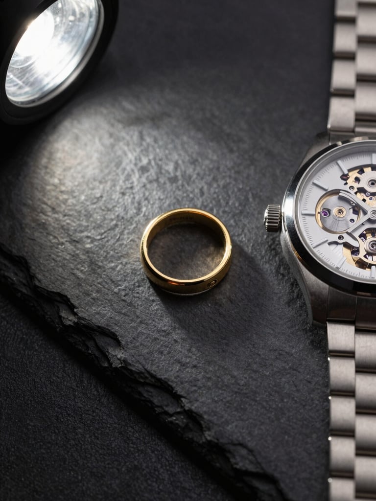 Overhead flat-lay close-up of a gold ring and a mechanical watch on a dark slate surface, studio key light from upper left casting soft shadows, hallmark detail visible on ring band, no hands in frame, tight crop leaving minimal margin