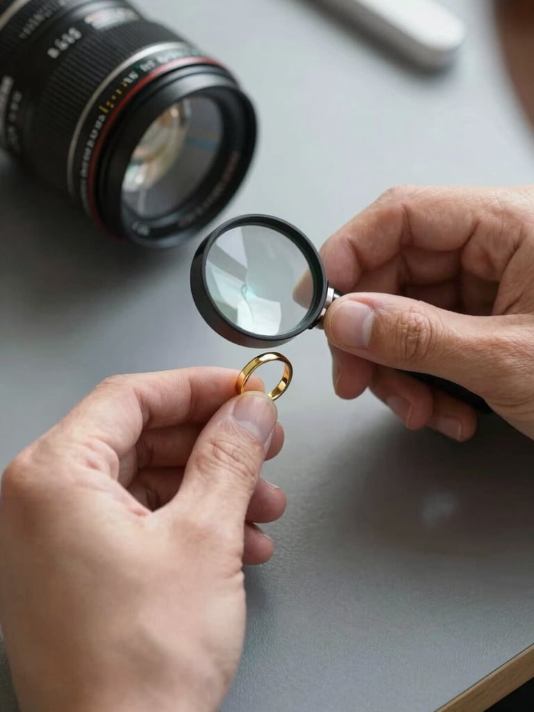 Close-up of hands holding a loupe to examine a gold ring on a dark neutral surface, natural north-facing daylight, clinical and focused, no faces visible