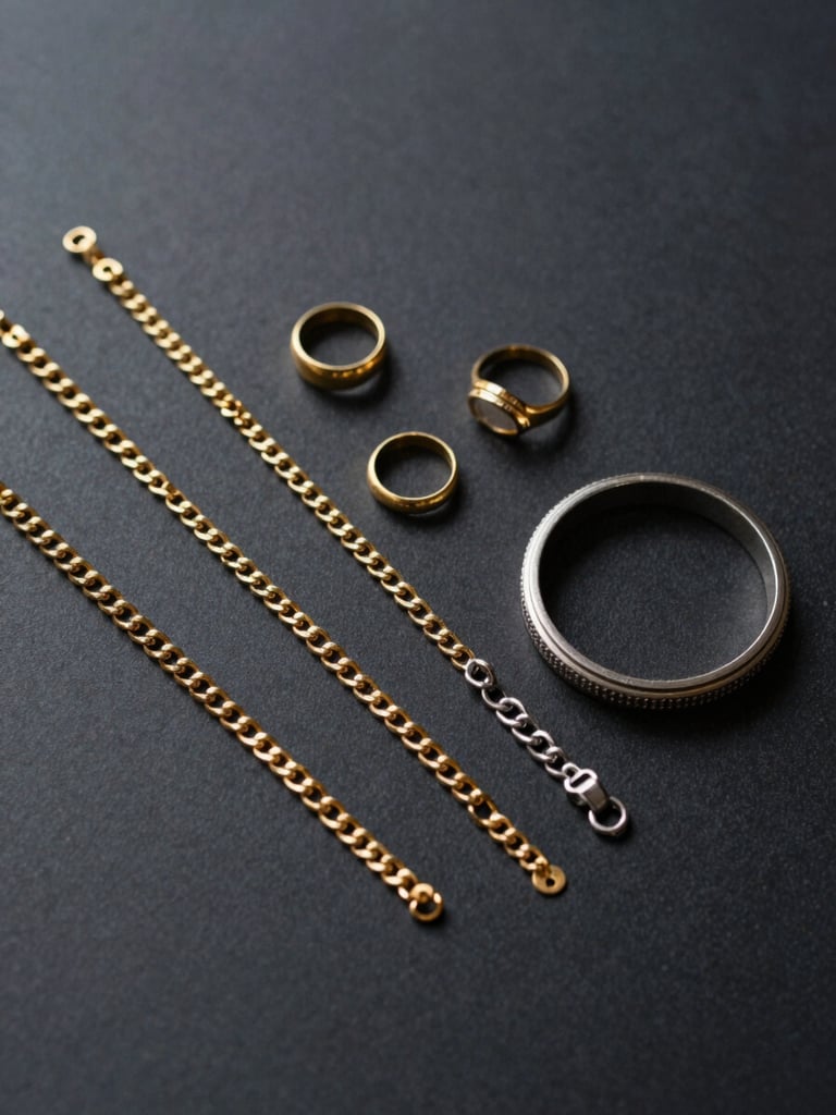 Overhead flat-lay of gold and silver jewelry pieces — rings, chains, a bracelet — arranged on a dark matte surface under studio key light, no hands visible, neutral background