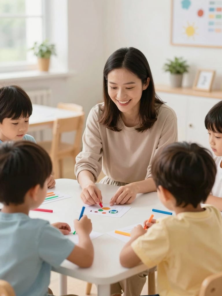 A friendly early-years educator guiding children through a hands-on learning activity, bright and airy indoor setting, soft natural daylight.