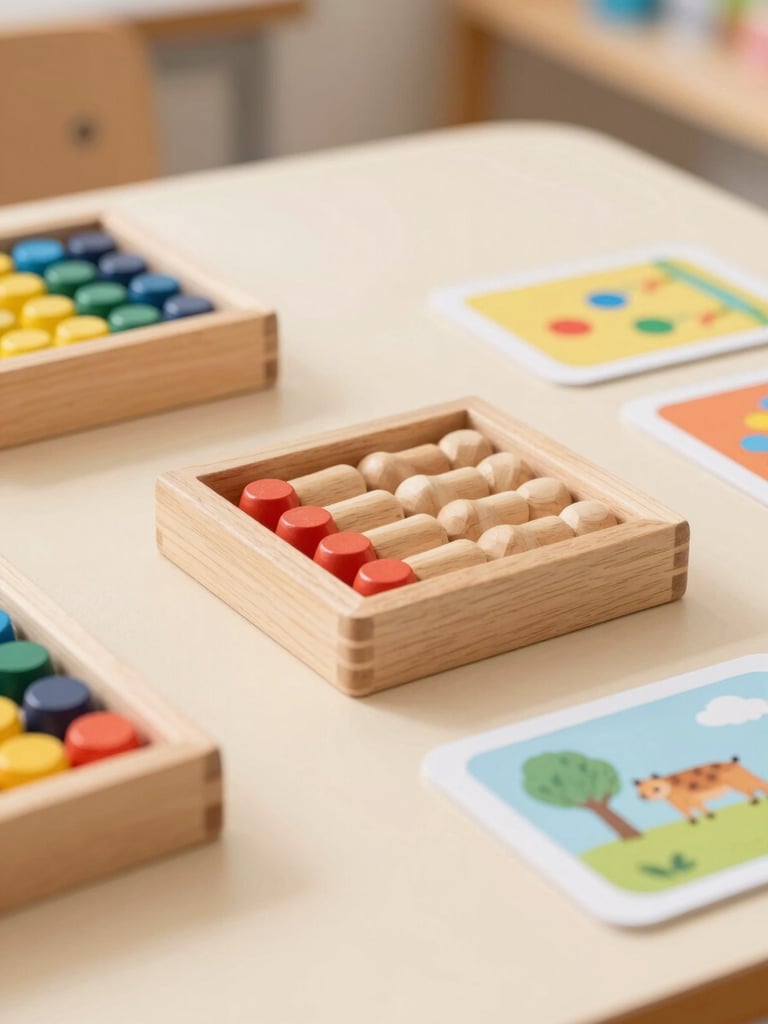 Close-up of wooden counting blocks and colorful learning cards on a warm cream table, soft natural light, shallow depth of field.