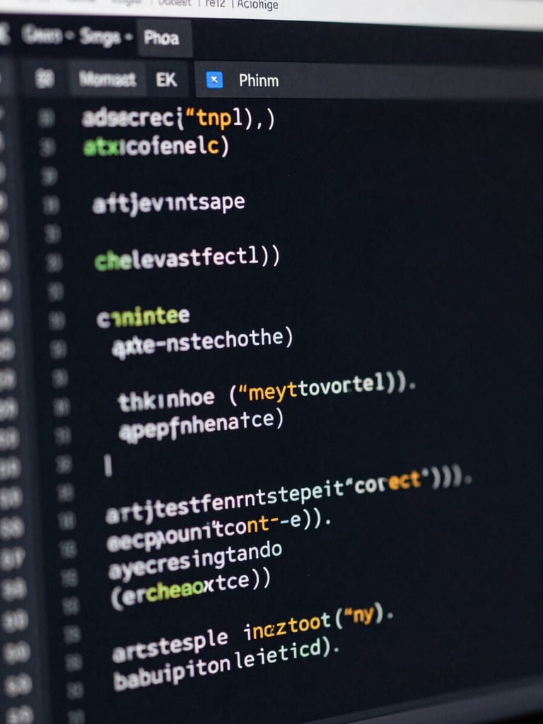 Extreme macro close-up of a dark-mode code editor displaying clean, structured syntax-highlighted code. Low-key, high-contrast studio lighting with cool silver highlights and deep navy shadows, emphasizing technical precision.