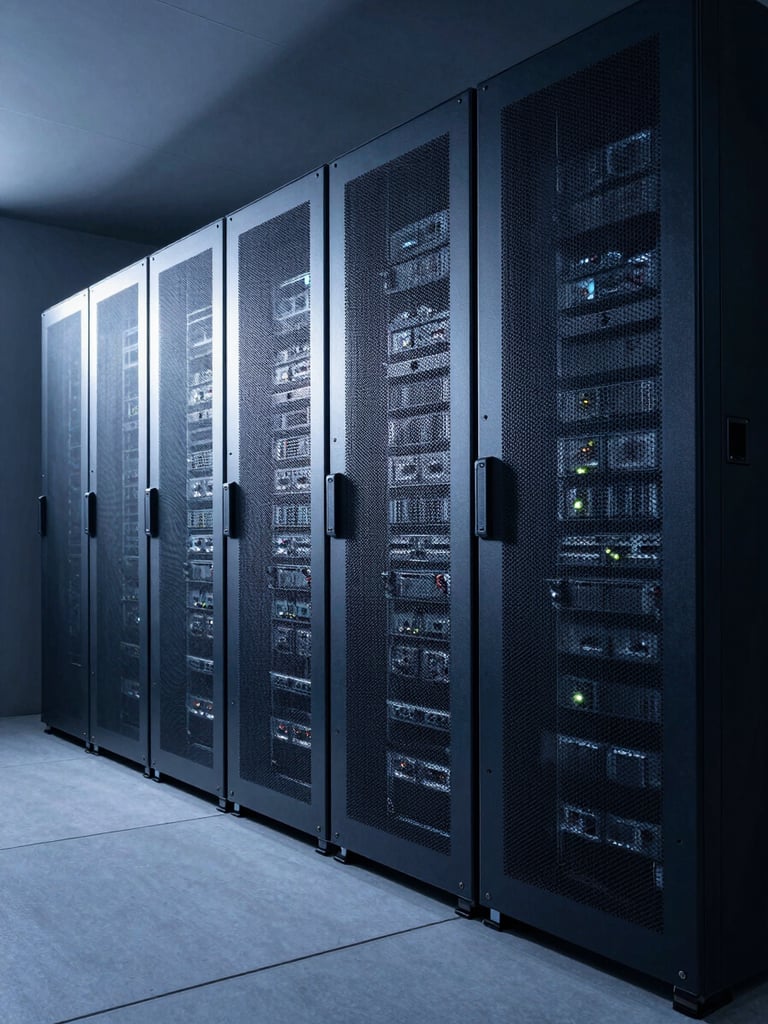 Wide, structured architectural shot of a modern minimalist server room, physical server racks illuminated by low-key cool blue and silver light, deep navy shadows.