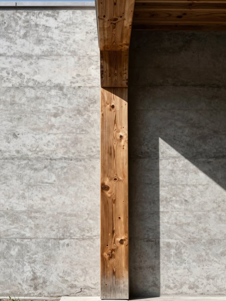 Straight-on architectural elevation of a raw board-formed concrete wall meeting a massive native timber beam, harsh direct sunlight casting sharp geometric shadows.