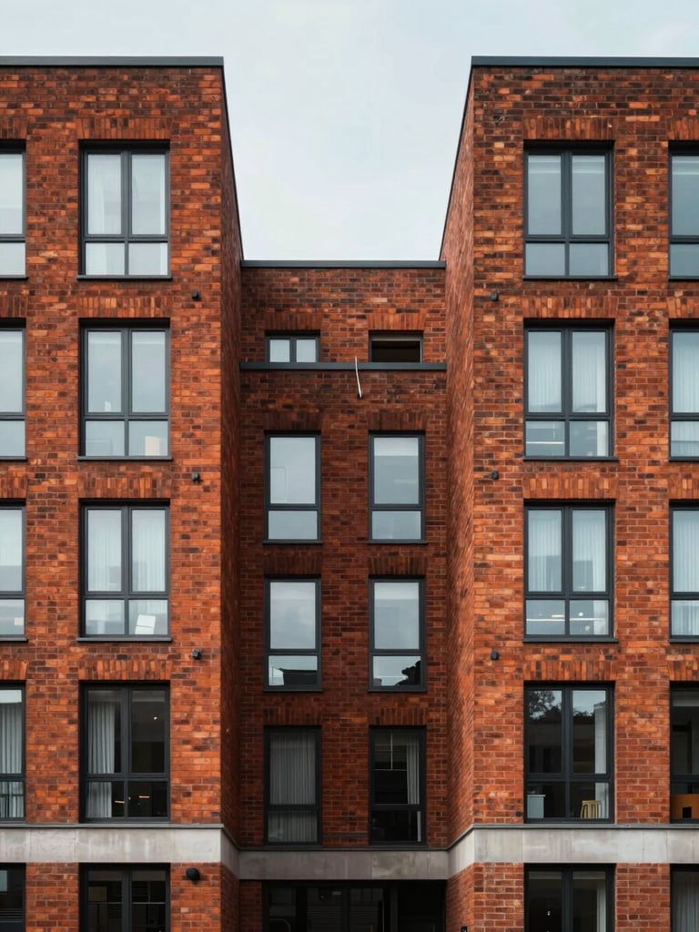 A straight-on, symmetrical architectural photograph of a modern brick residential building in London under soft, diffuse daylight, showcasing clean lines and premium construction.