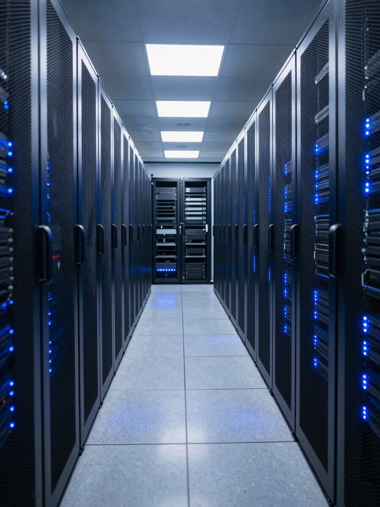 Wide panoramic view of a professional data center aisle — rows of illuminated server racks receding into the distance, cool blue LED lighting casting sharp reflections on the polished floor, camera positioned low at the left edge looking down the corridor