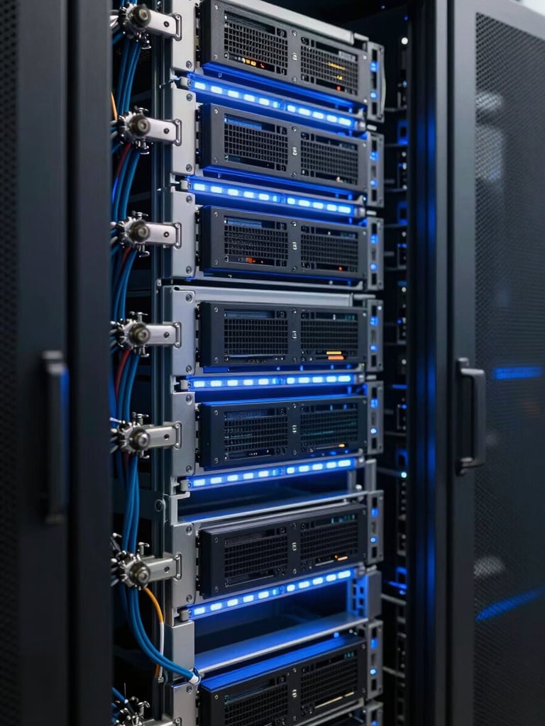 Close-up of dense server rack columns in a dark datacenter, cool blue LED strips illuminating rows of blade servers, cables bundled at left edge, deep focus into the rack depth, no people
