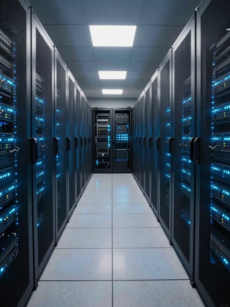 Wide-angle view of a server room corridor, rows of illuminated rack units casting blue and cyan light across polished floor tiles, deep perspective vanishing point, cool data-center ambient lighting, no people