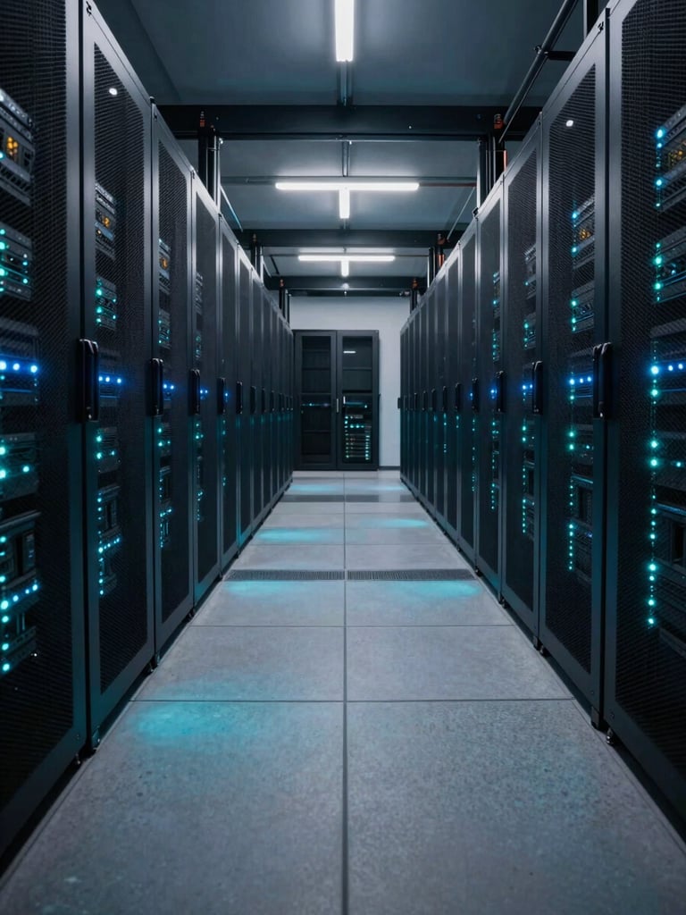 Wide-angle data center floor at night, rows of illuminated server racks receding into depth, cyan and blue LED indicator lights casting sharp lines across the floor, extreme low angle looking down the corridor, no people, cool ambient lighting