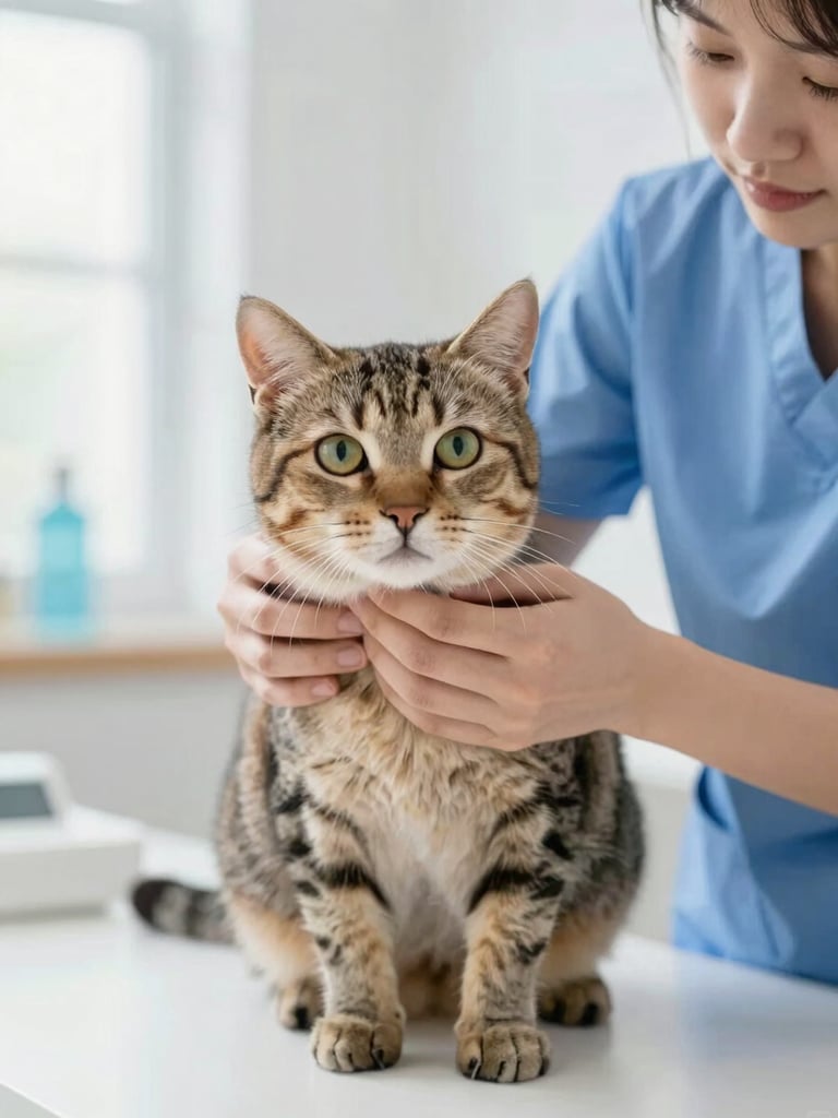 Bright eye-level medium shot of a calm tabby cat being gently examined by a caregiver in a soft-lit, modern veterinary room, no cages visible