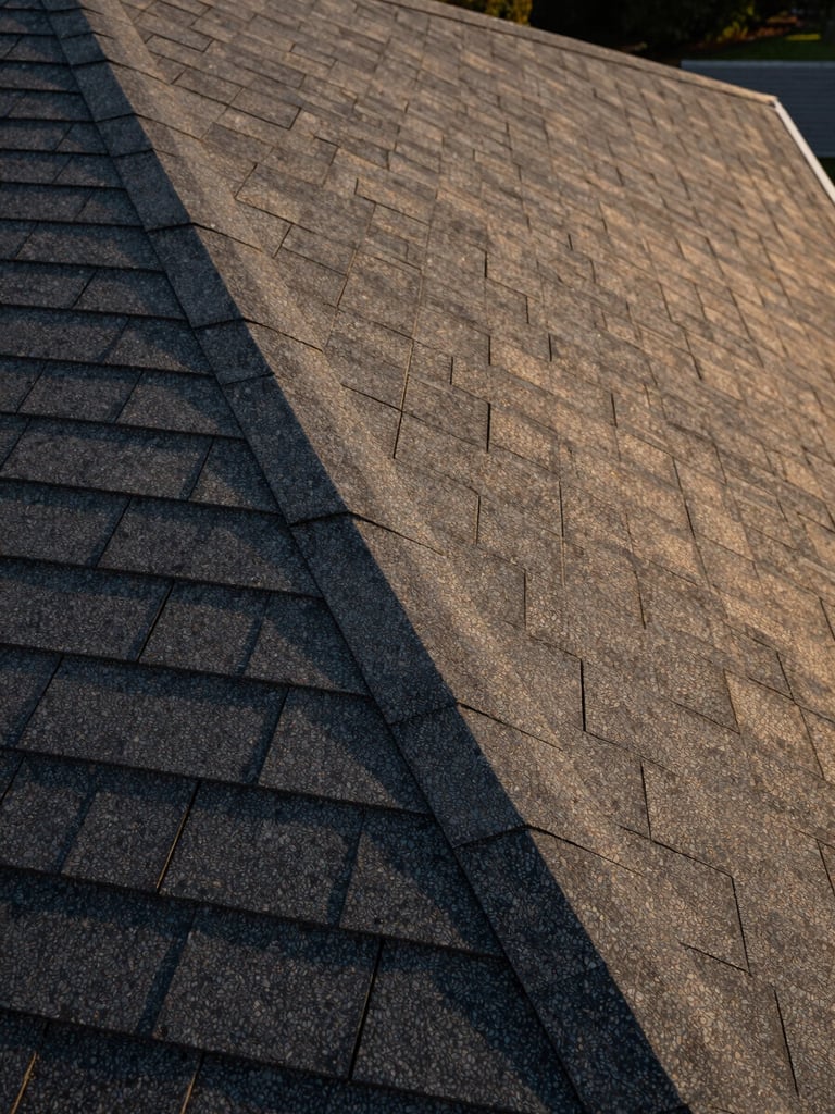 Overhead close-up shot of a completed composite shingle roof surface in warm golden afternoon light, precise overlapping rows of dark grey panels, no people visible
