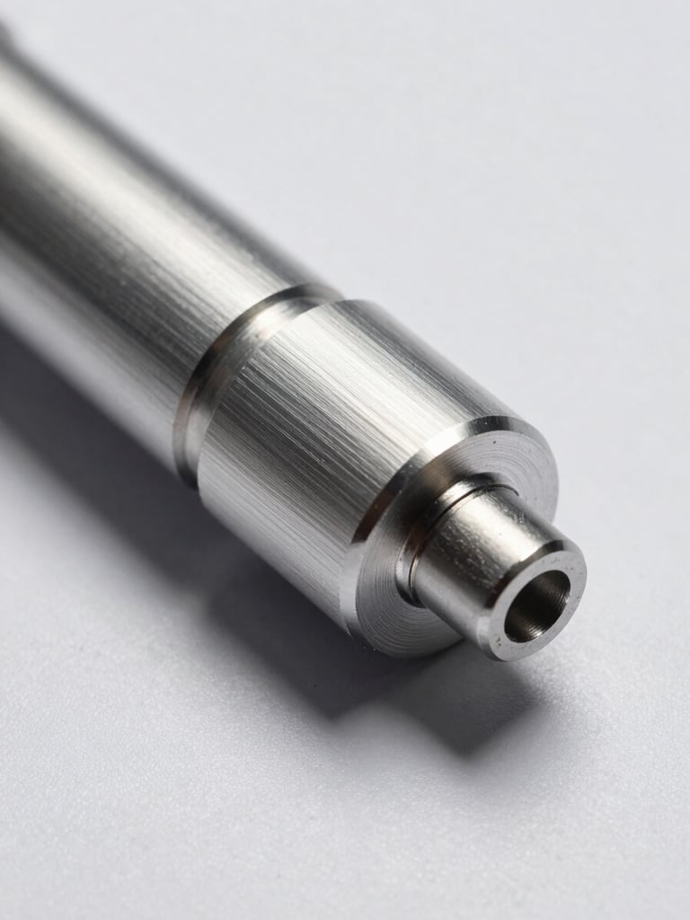 Close-up of a precision-machined aluminum product component on a matte white studio surface, single overhead diffused light casting a clean shadow, tight crop revealing surface texture and machining marks