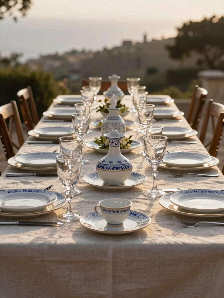 Vista cenital de una mesa imperial perfectamente alineada, mantelería de lino natural arrugada con precisión, vajilla de cerámica artesanal, copas de cristal soplado capturando luz difusa de la tarde.