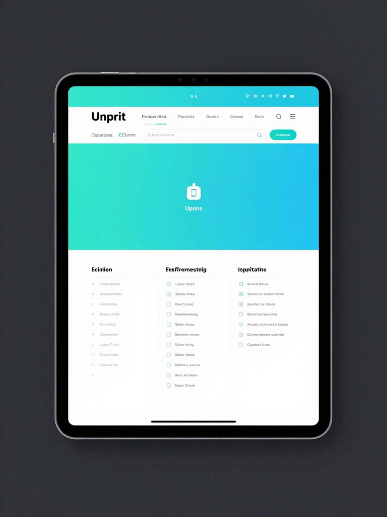 Front-on studio shot of a clean web design interface displayed on a tablet, electric cyan highlights, dark charcoal background, razor-sharp UI grid.