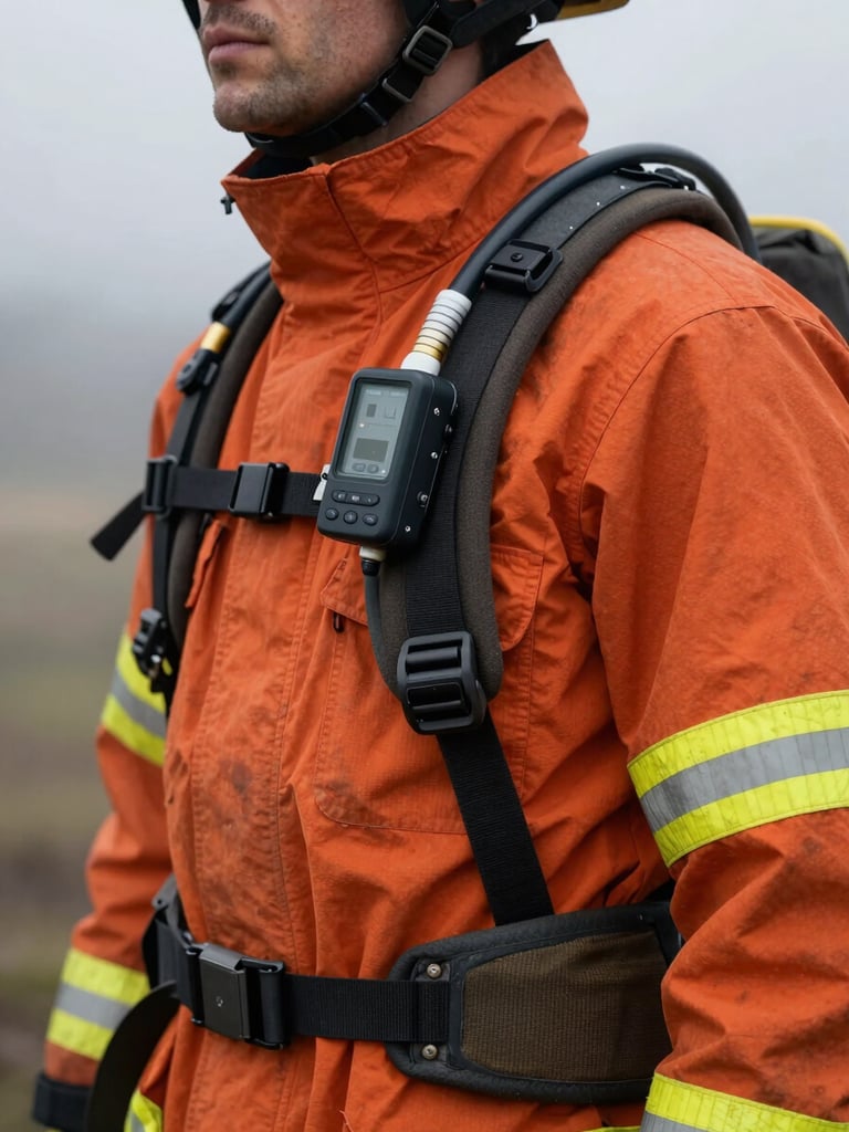 Close-up of a rugged shoulder harness on an orange wildland firefighting jacket, showing integrated hydration tube routing and a small glowing telemetry unit dock, smoky atmospheric background.